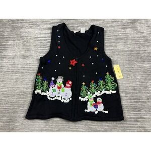 Kim Rogers Sweater Vest Womens Large Black Christmas Full‎ Zip Ramie Blend NWT